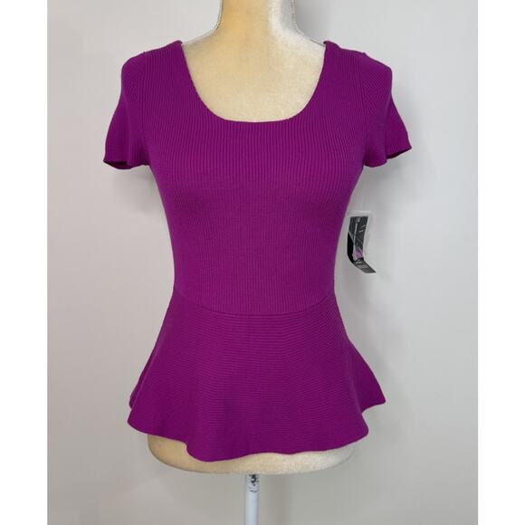 NWT INC International Concept Knit Ribbed Peplum Top Petite Size S Pink Stretch - Picture 2 of 12